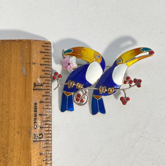 Toucan Enamel Brooch Earrings Set Colorful Cloisonne Design Silver Tone Metal Tr - Picture 8 of 10